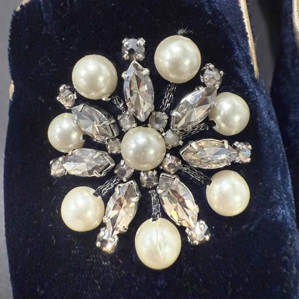 Jack Rogers Jeweled Rondelle Loafer Sz 6 Blue Velvet Rhinestone Pearl Stunning - Picture 10 of 10